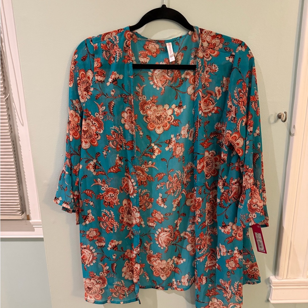 Xhilaration Teal and Red Floral Blouse